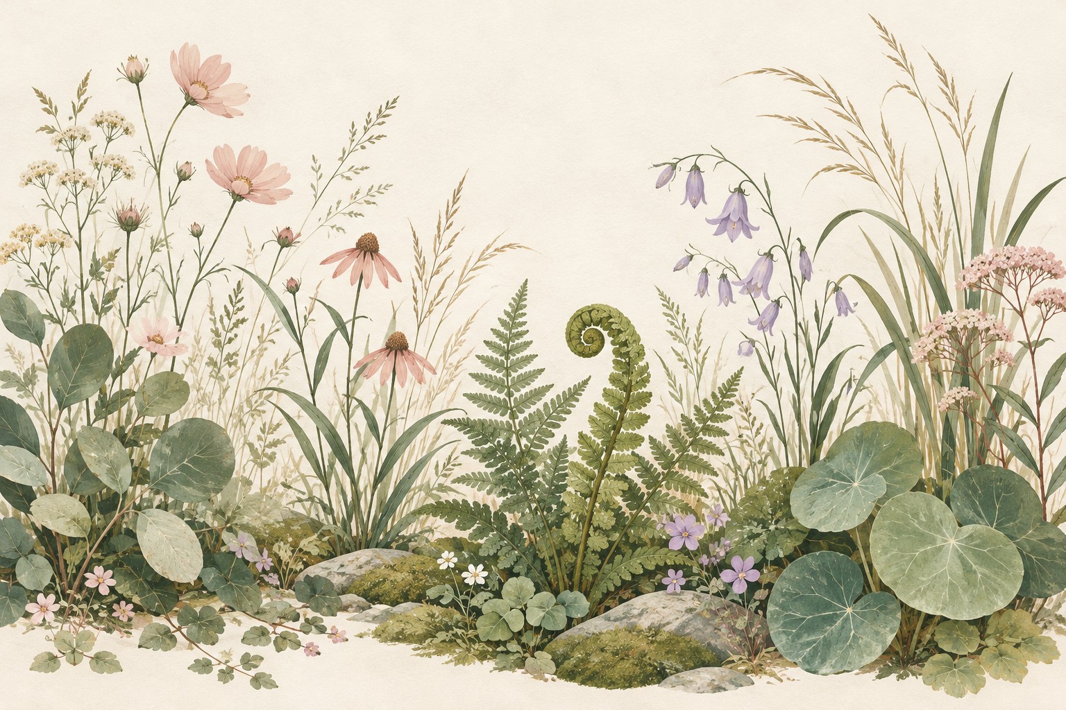 Different flowers, leaves, and ferns flourishing together