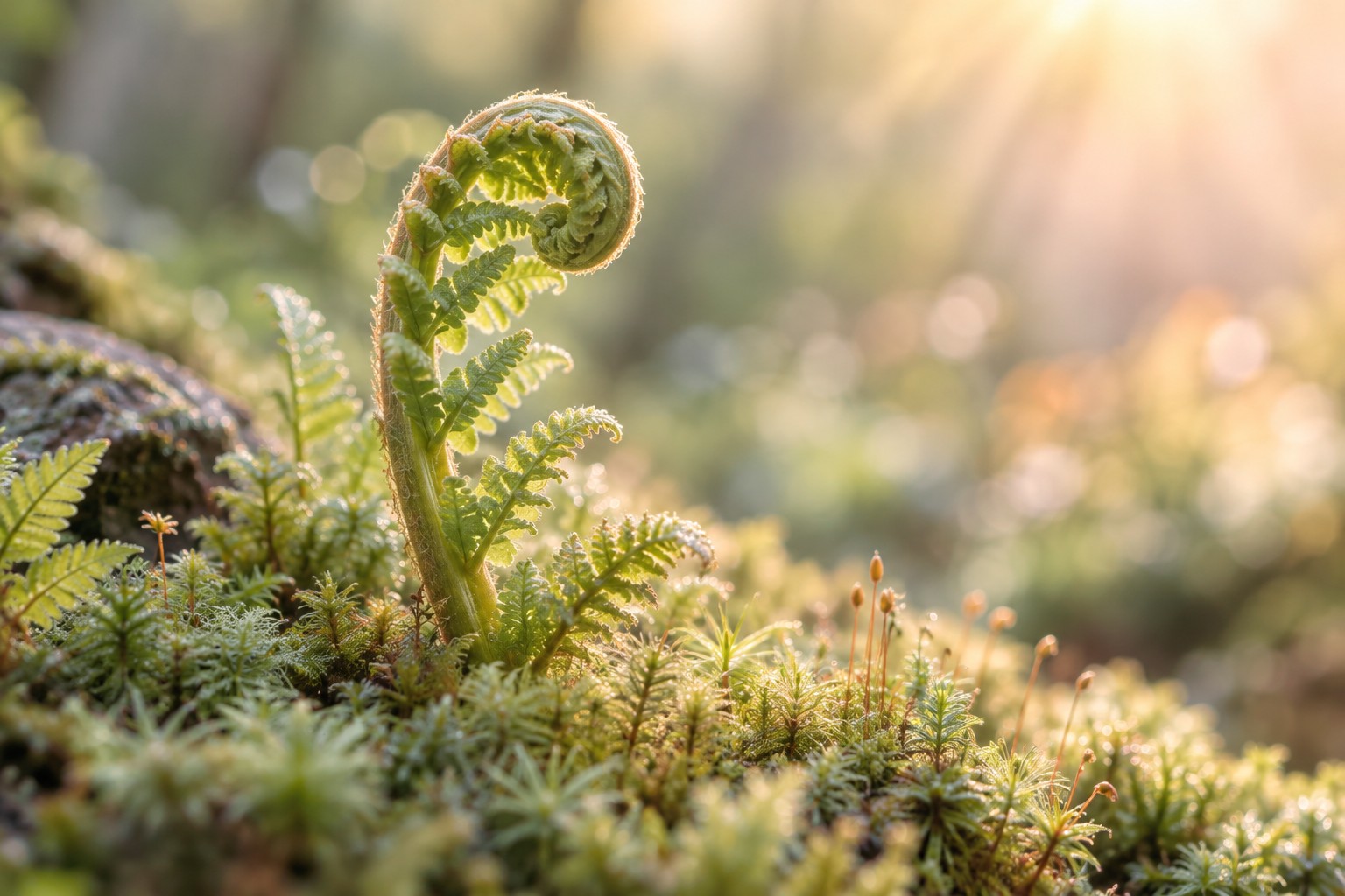 A young fern unfurling in gentle morning light