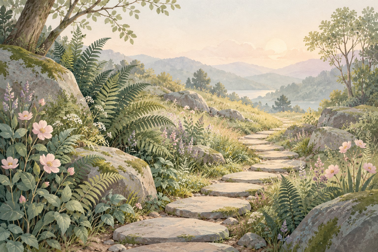 A gentle path through ferns and flowers toward a sunlit clearing