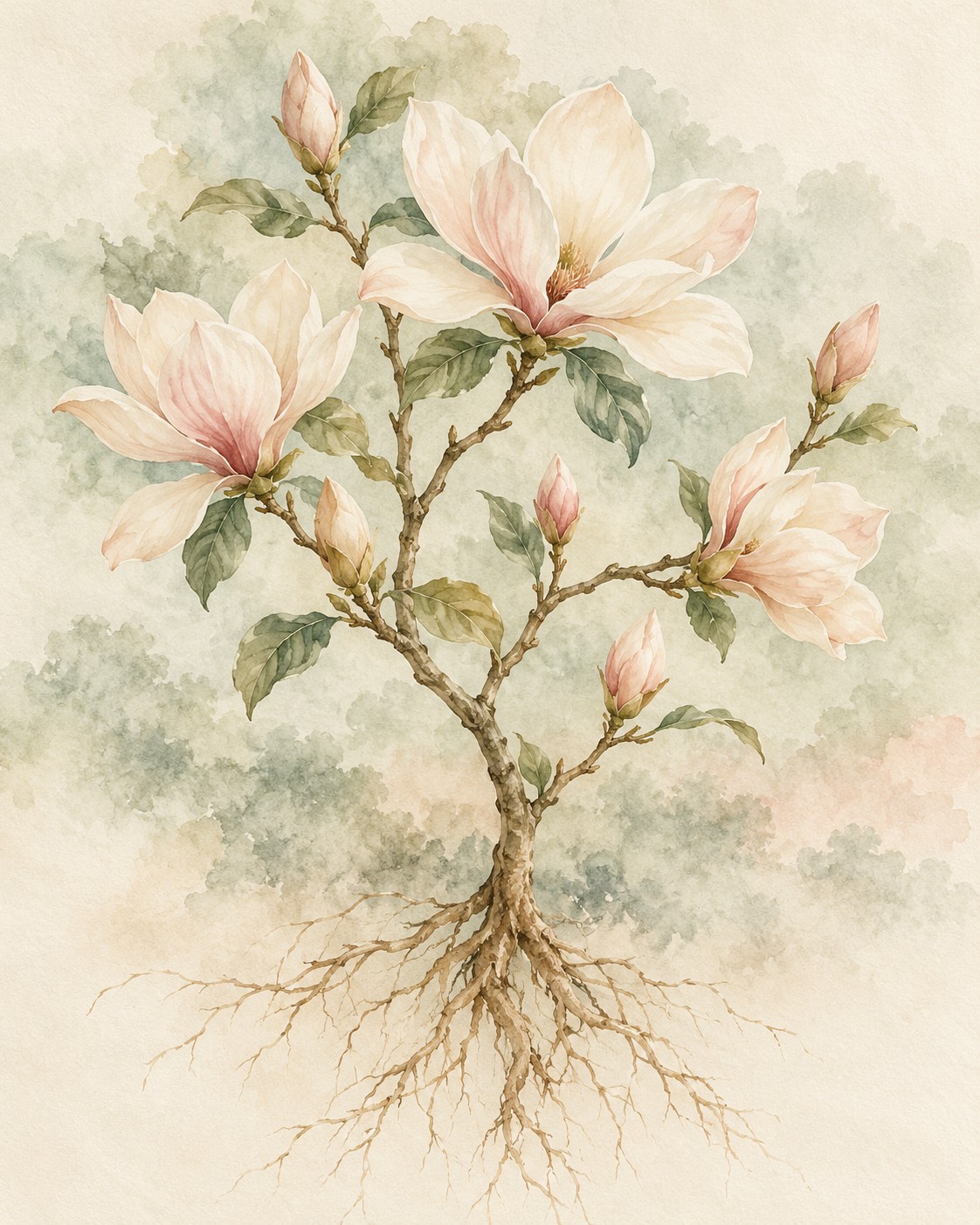 Magnolia blooms and branching roots on a soft sage background