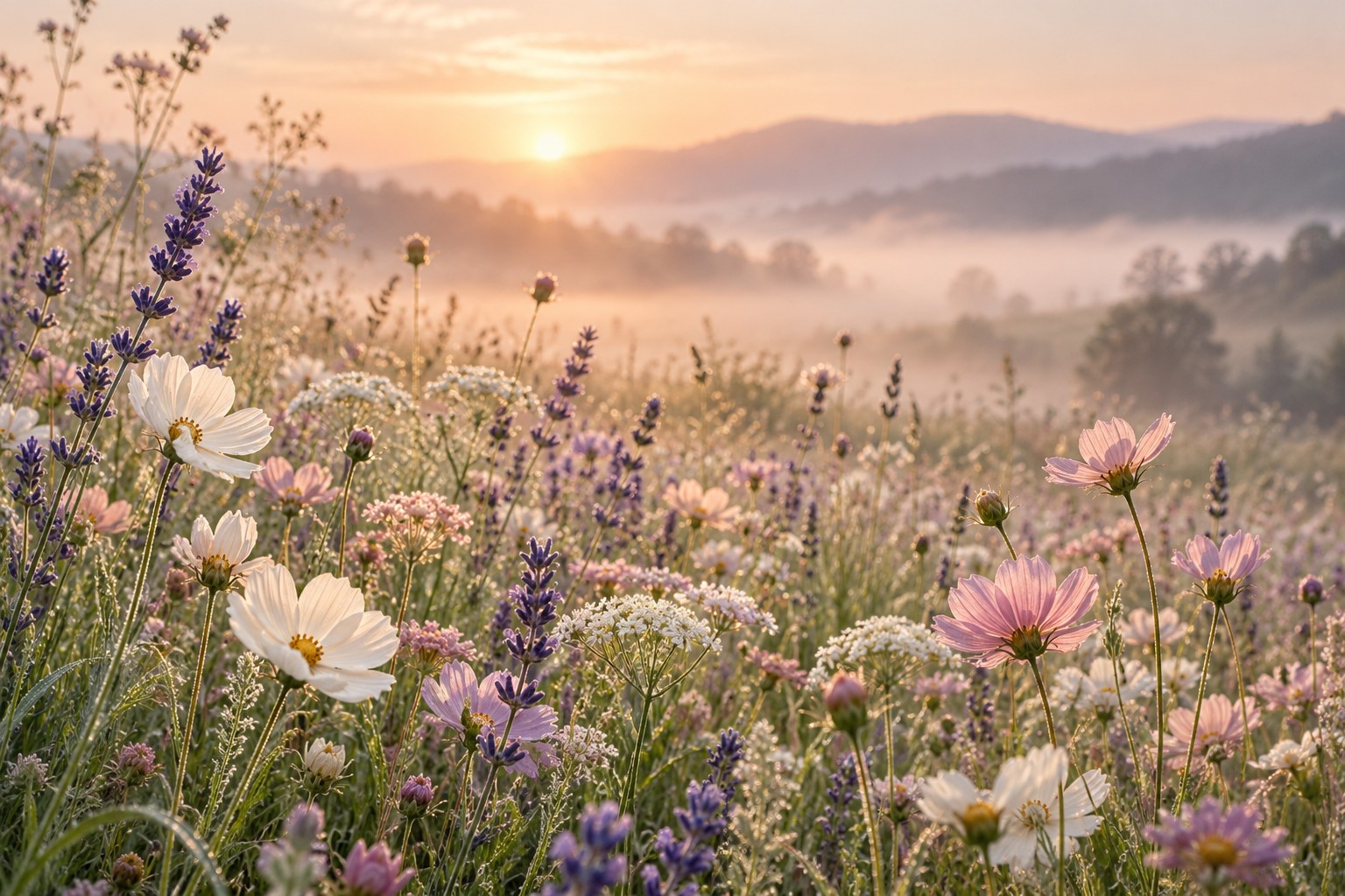 Blush and ivory wildflowers reaching toward dawn light