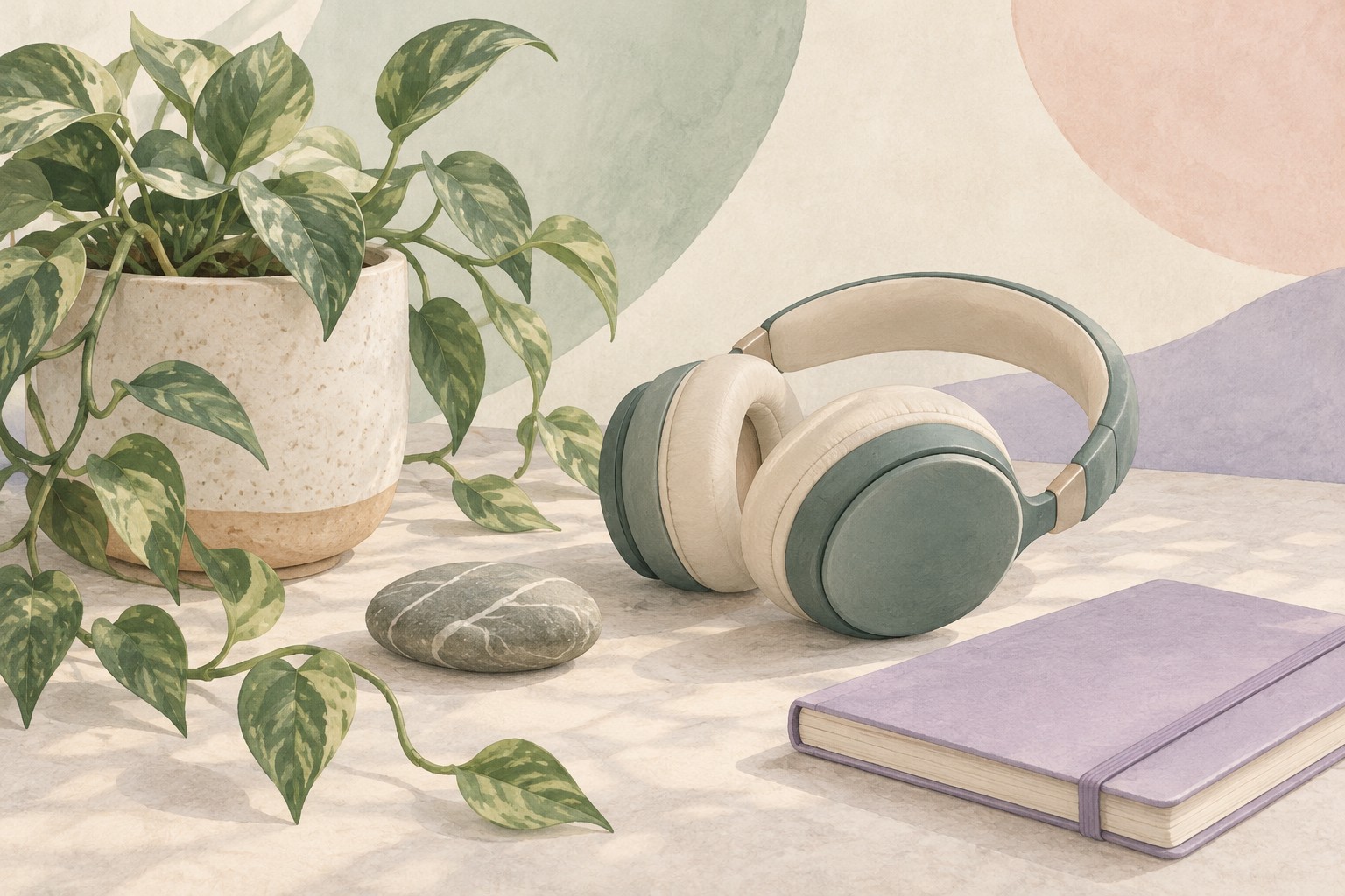 Headphones beside a trailing plant, notebook, and smooth river stone